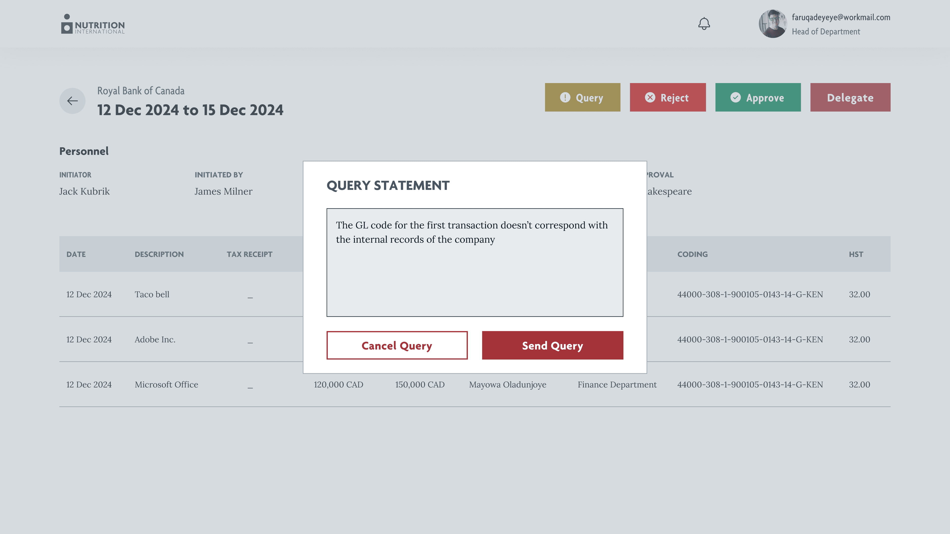 Approver view with query modal