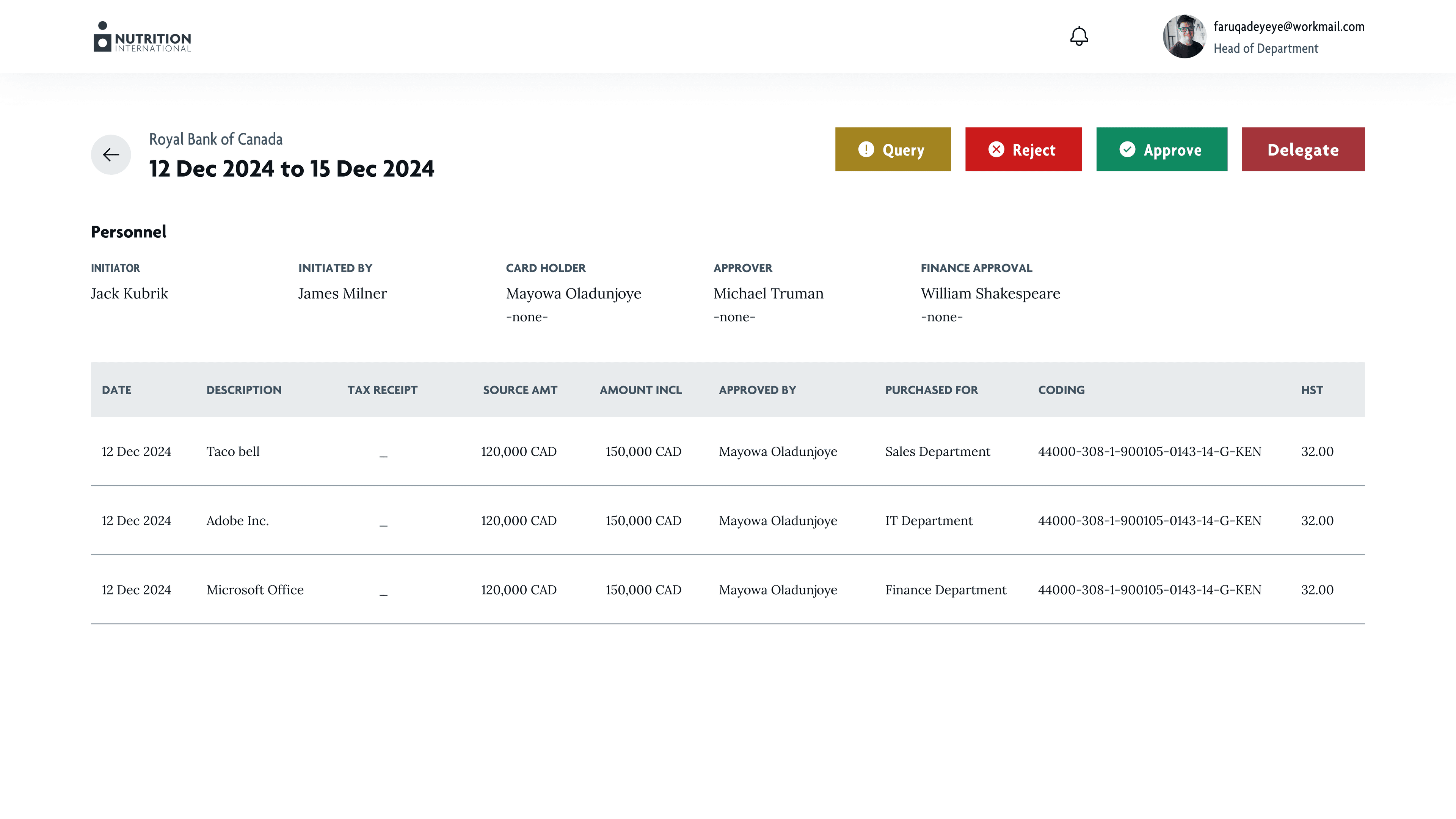 Approver read-only table view with approval and query controls