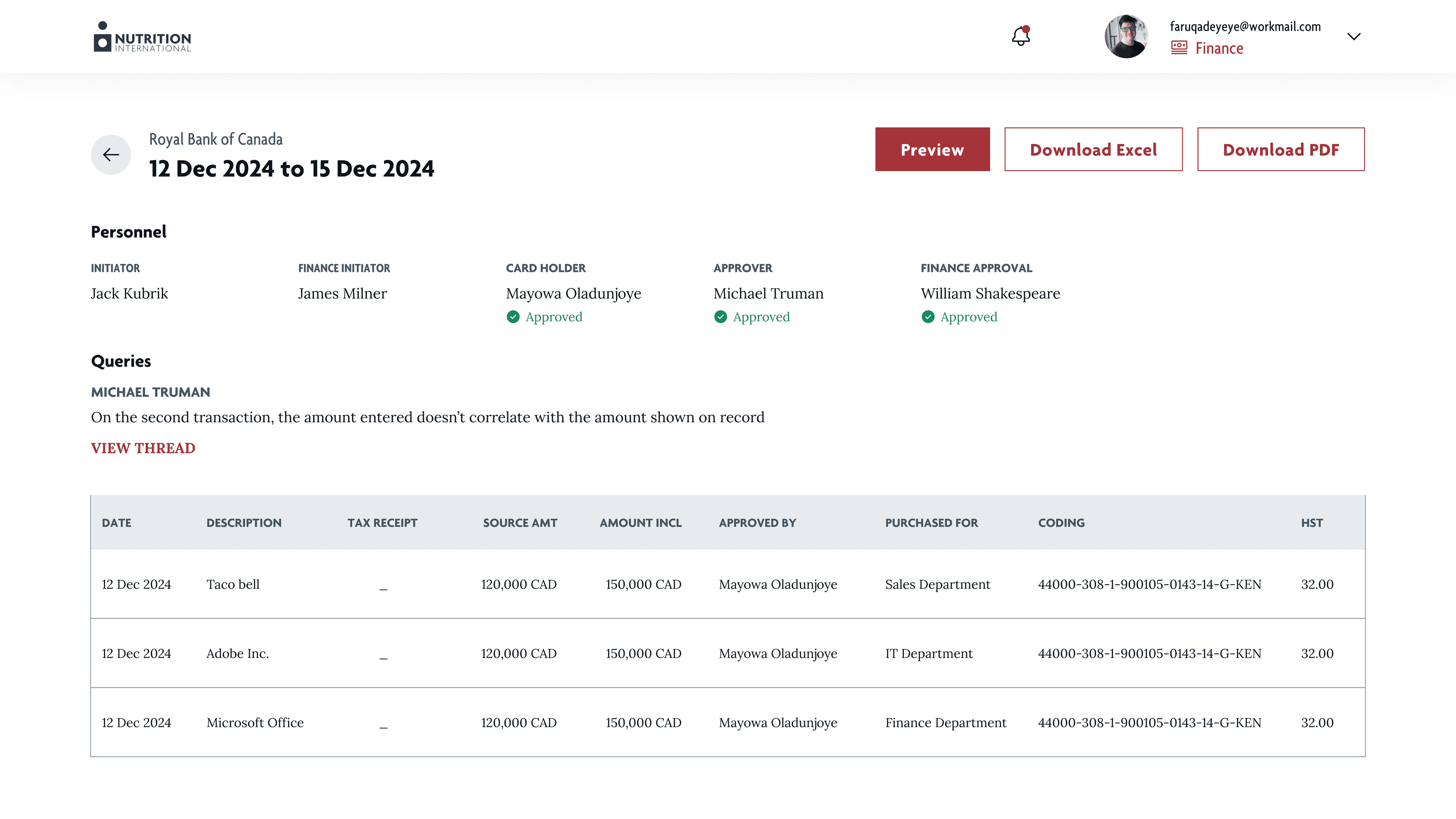 Finance Initiator view for an approved statement