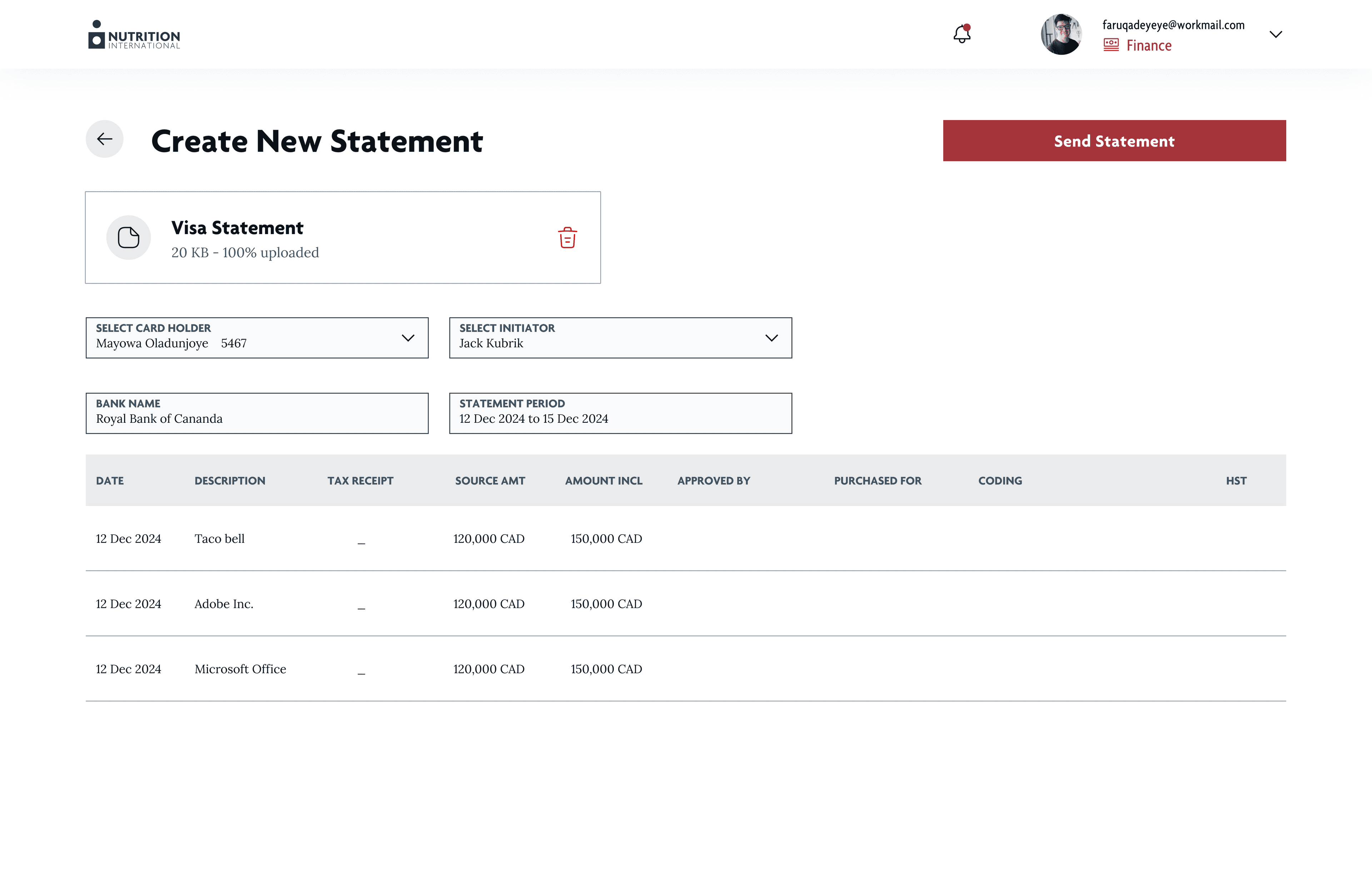 Finance Initiator create statement view