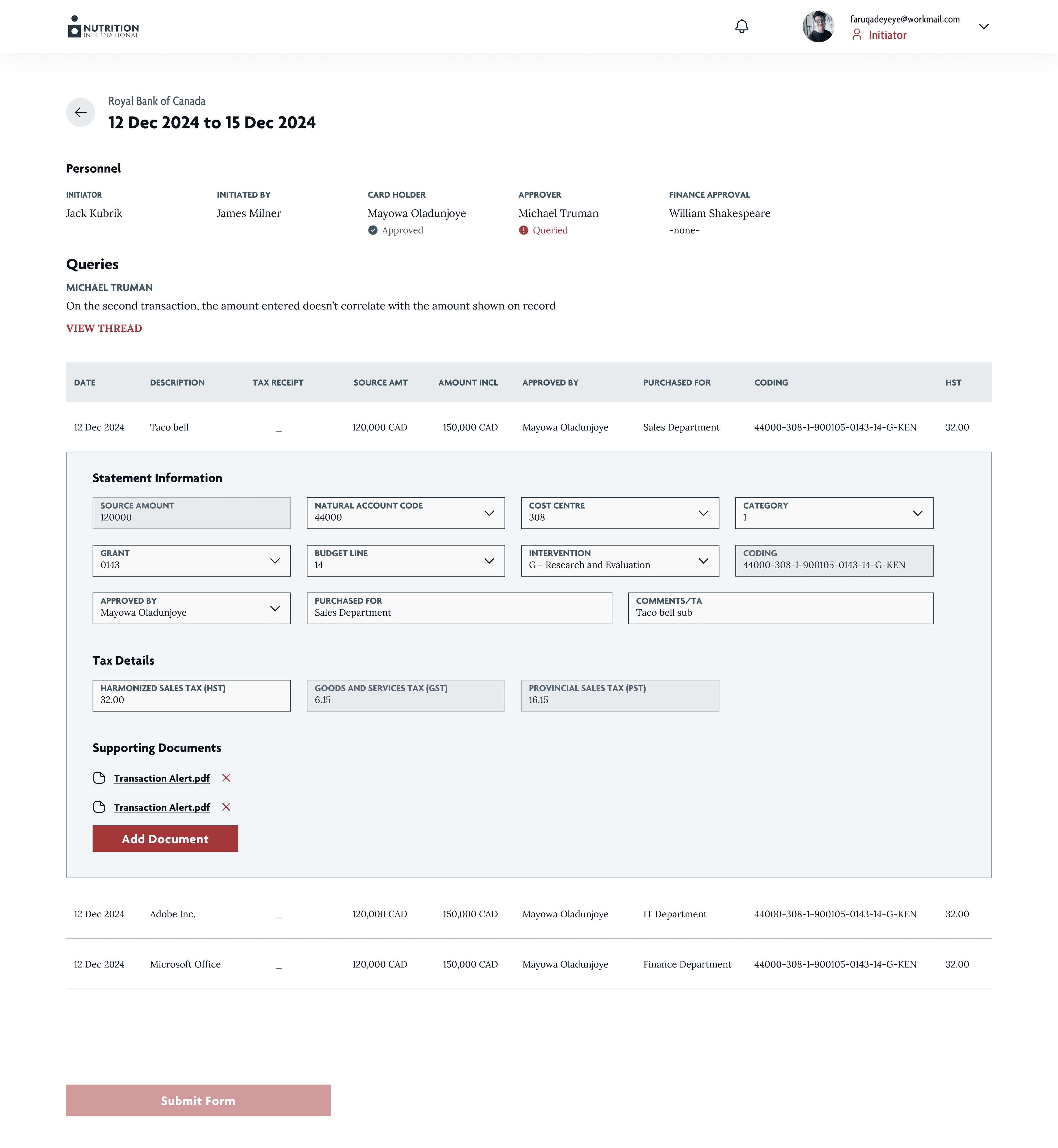 Staff Initiator transaction table with inline row expansion