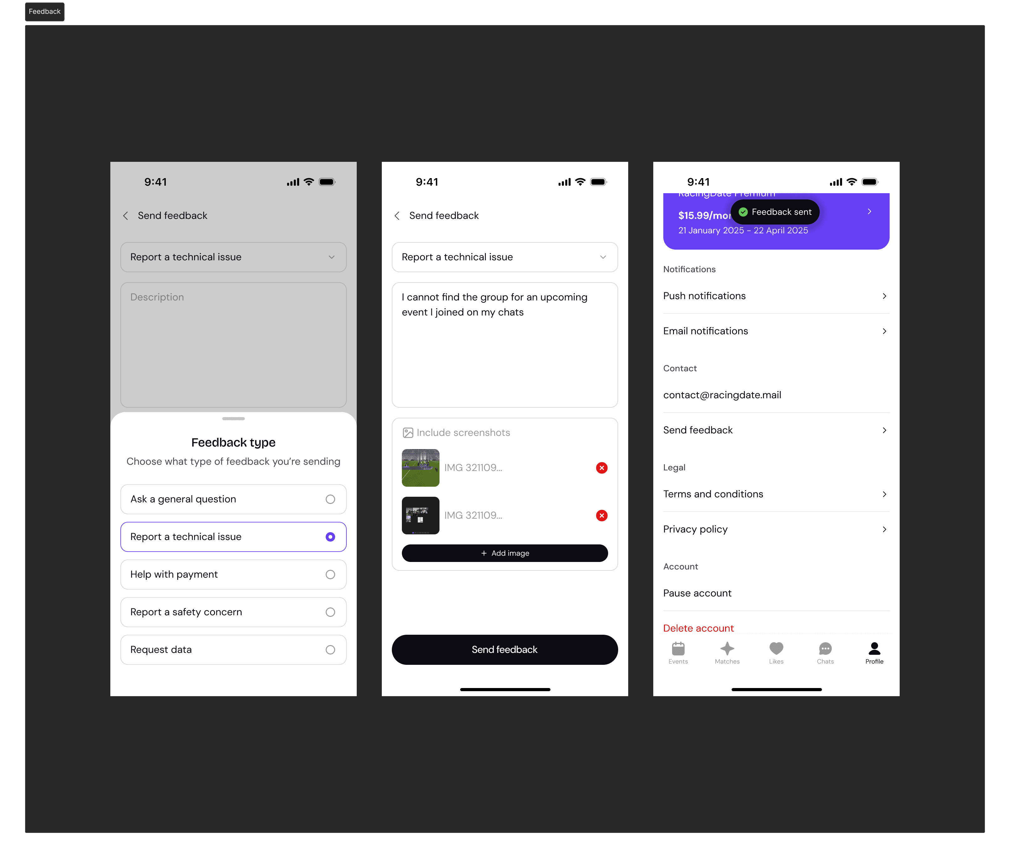 Screens showing the feedback submission process