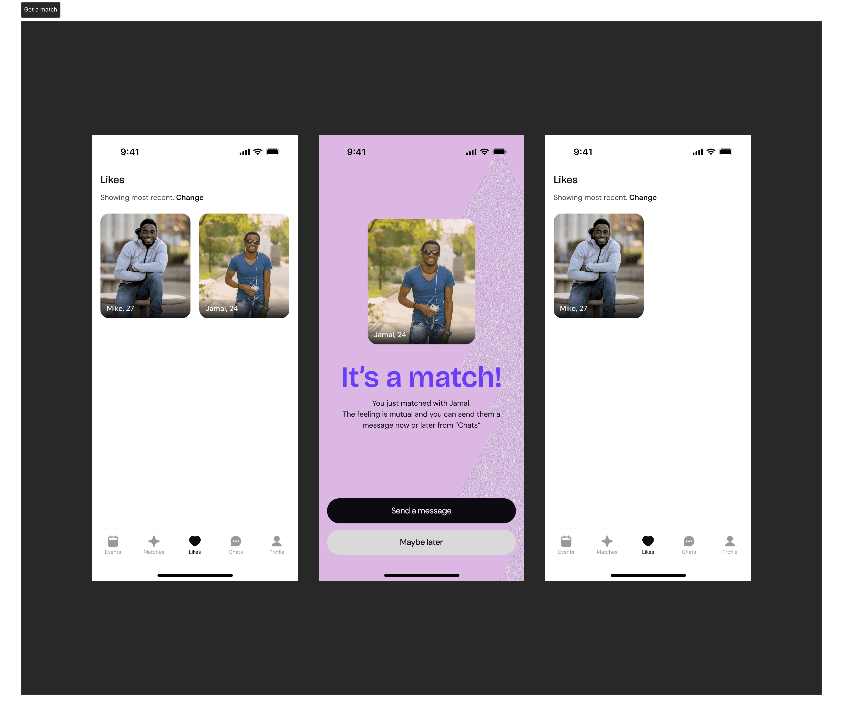 Screens showing a user getting notified of a match alongside likes