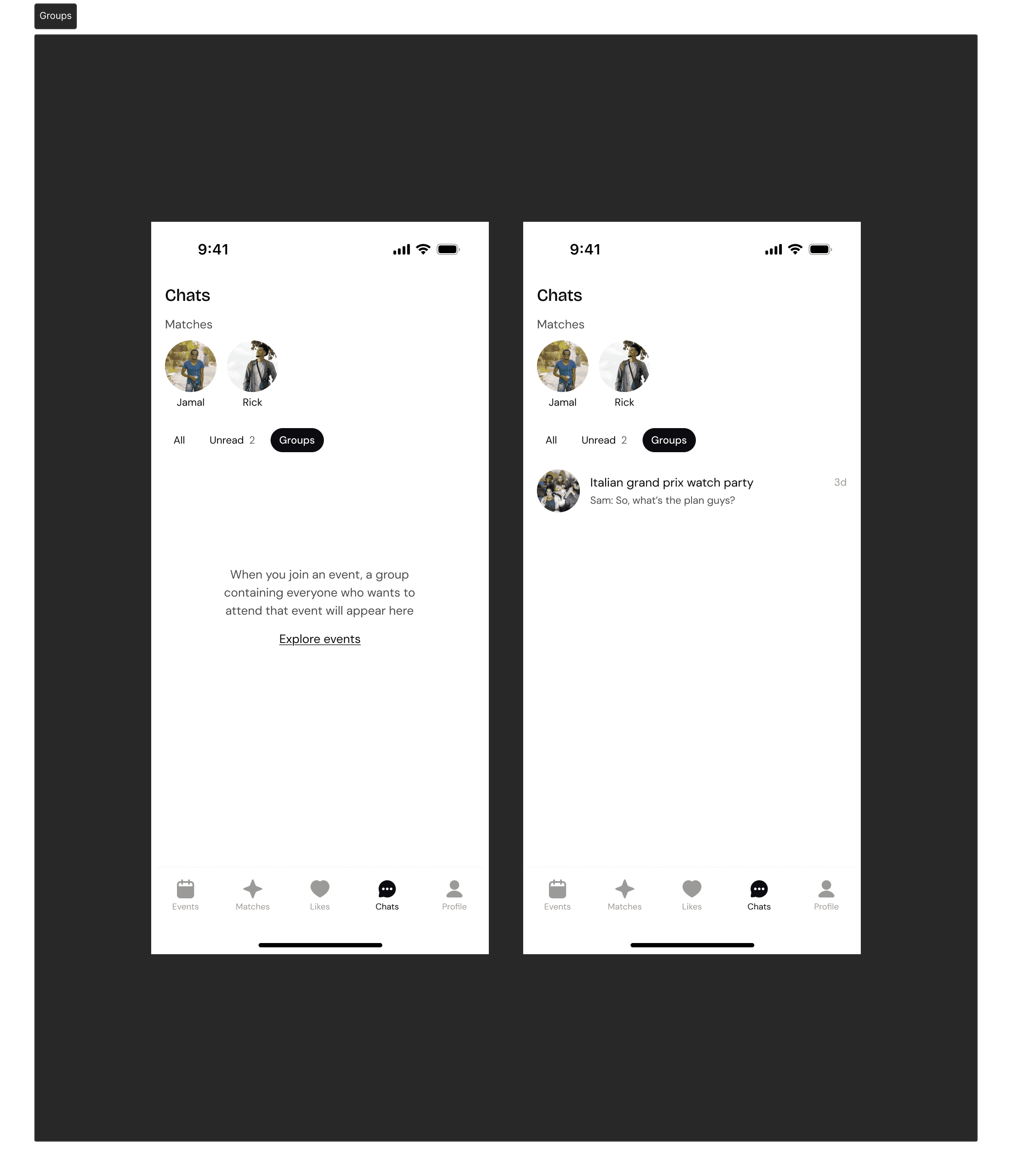 Screens showing groups created for events