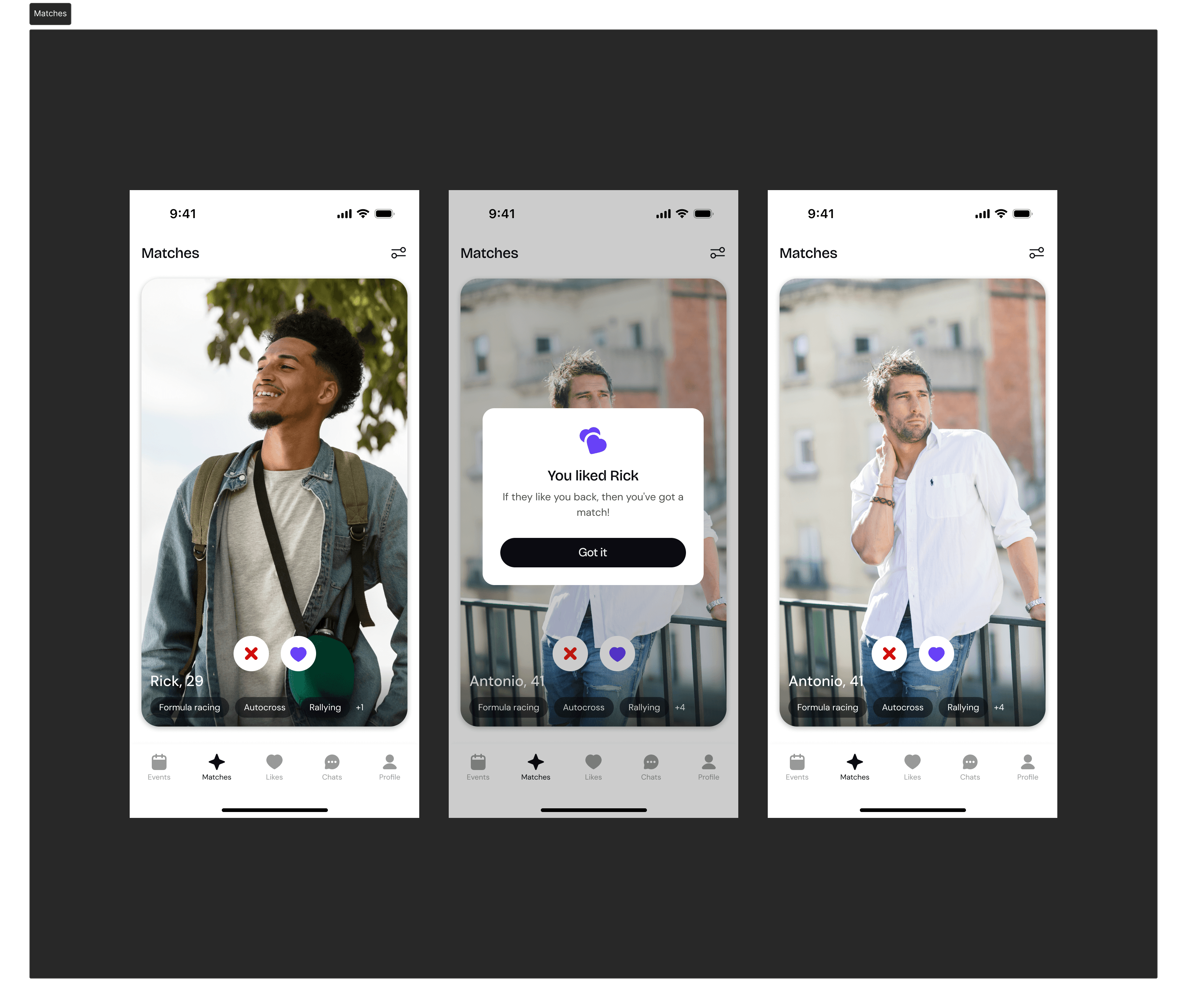Screens showing how a user could go through profile and find matches