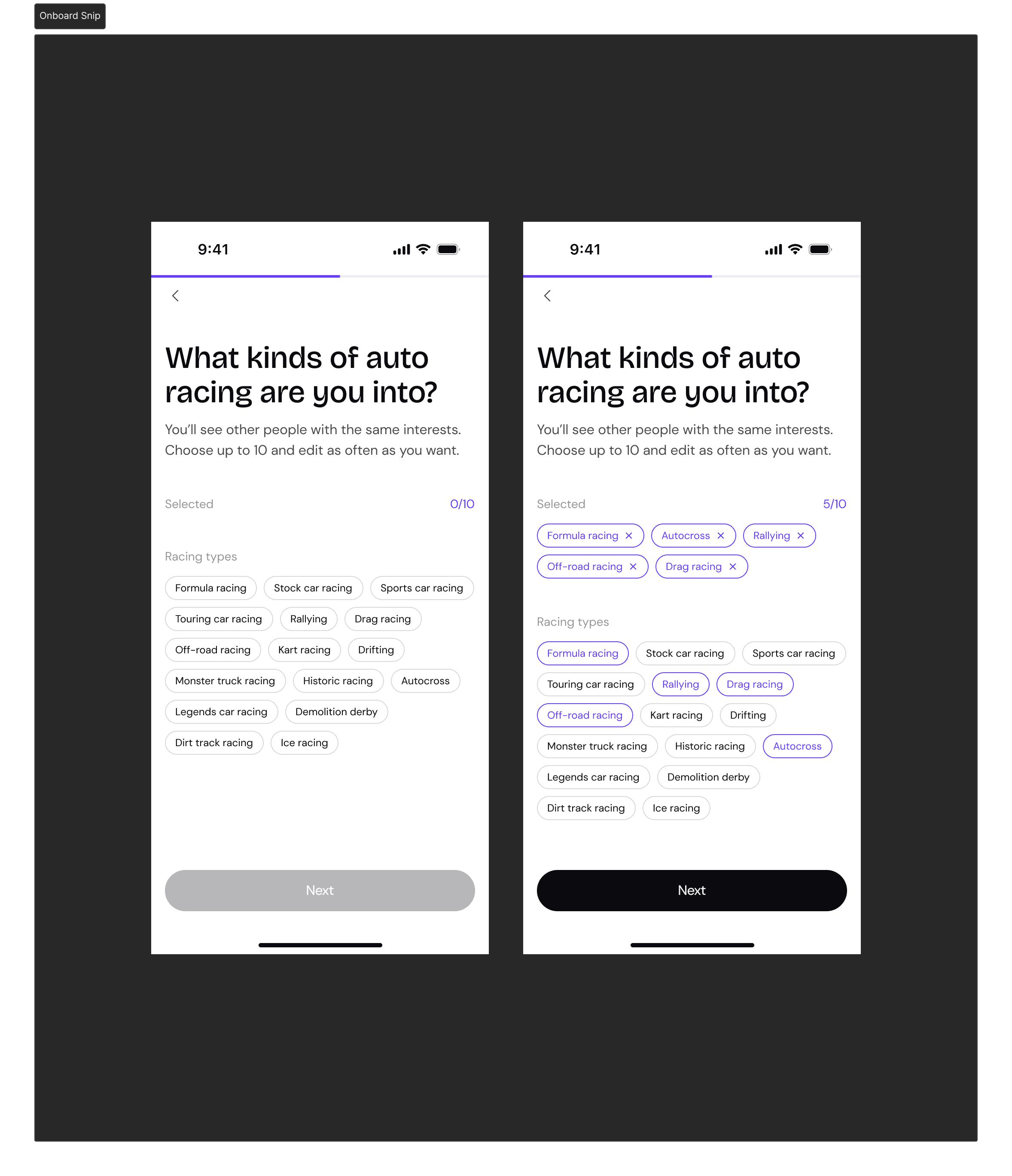 Onboarding screen showing how users select their preferred racing types