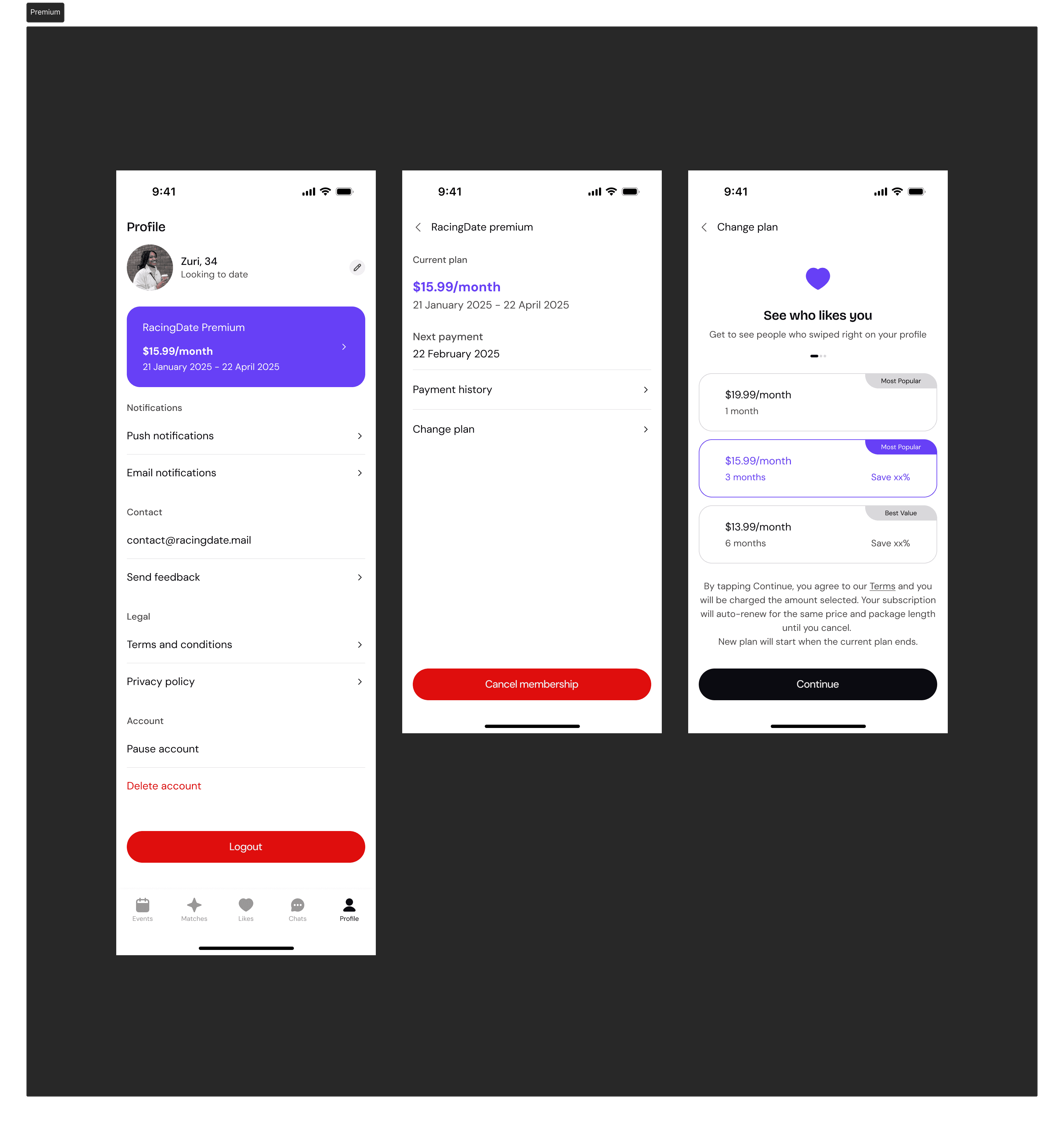 Screens showing the user's profile and premium features
